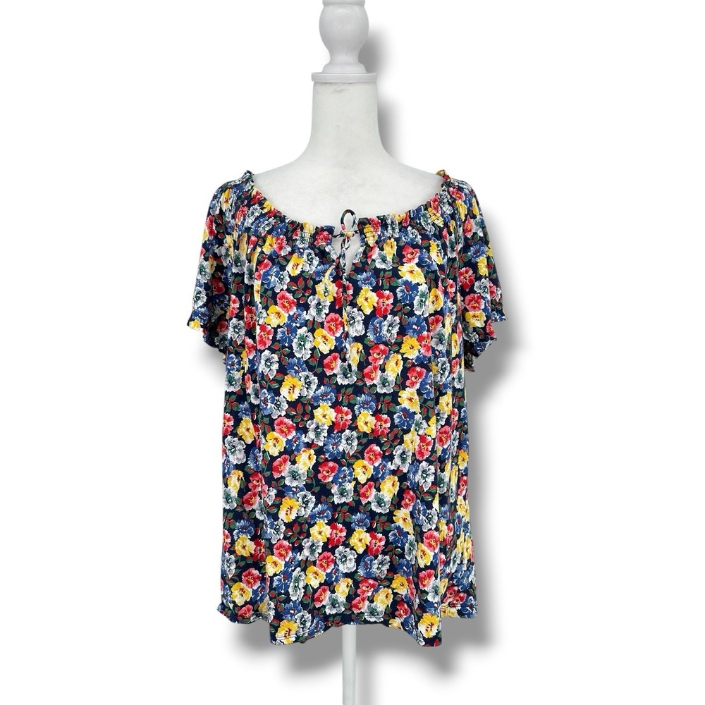 CHAPS Plus Size 2X‎ Floral Peasant Blouse Cotton Boho Cottagecore Off Shoulder